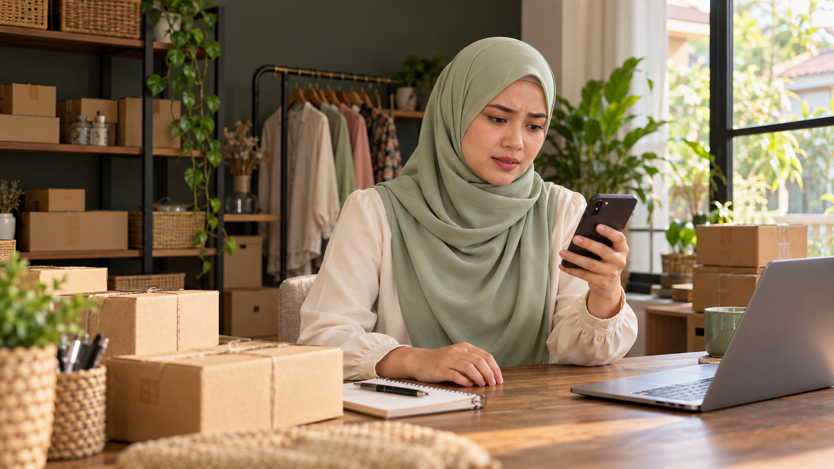 Wanita usahawan bertudung melihat mesej pelanggan di telefonnya dengan wajah risau